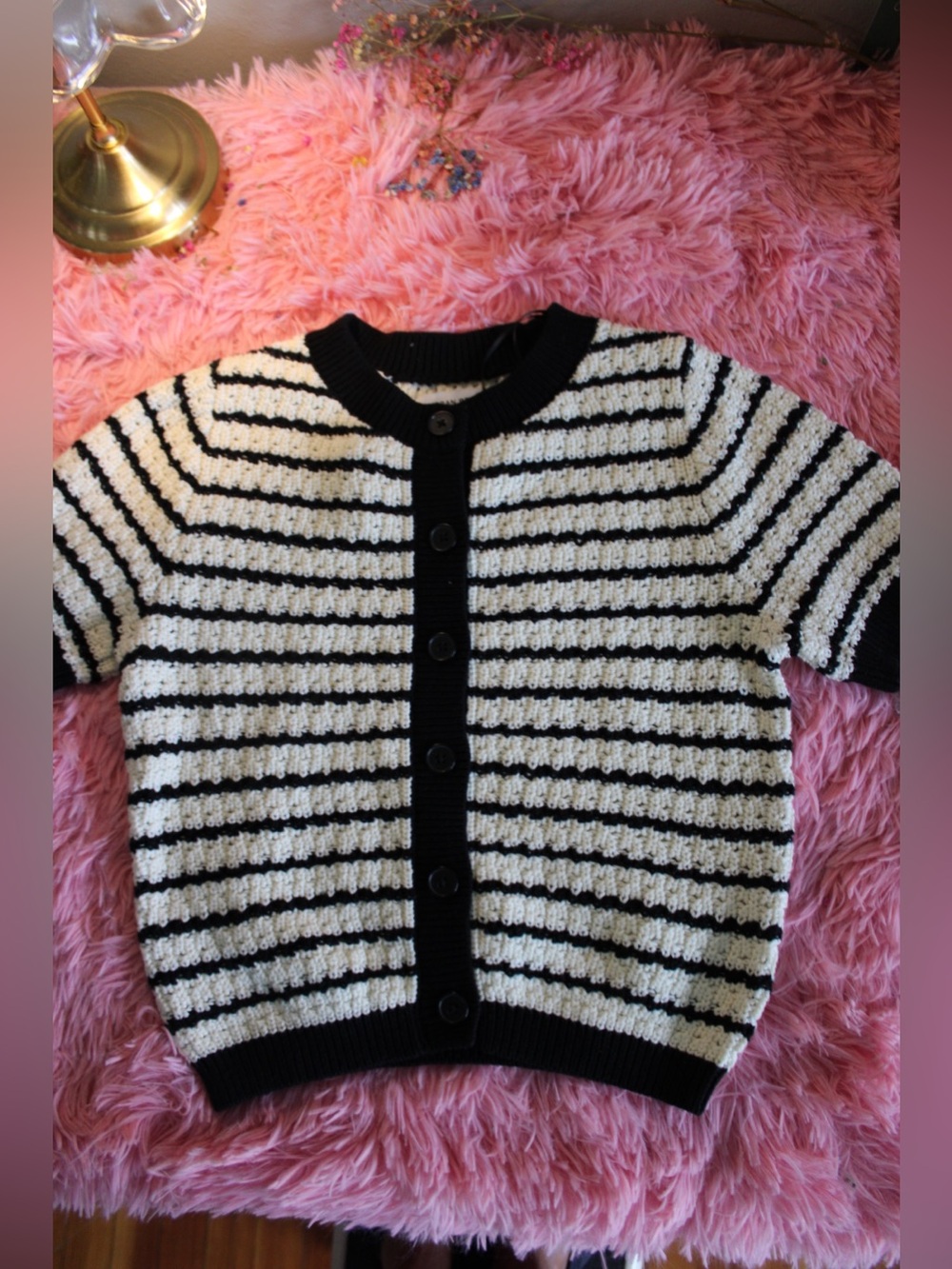 Urban Revivo Black & Cream Striped Textured Knit Short Sleeve Cardigan